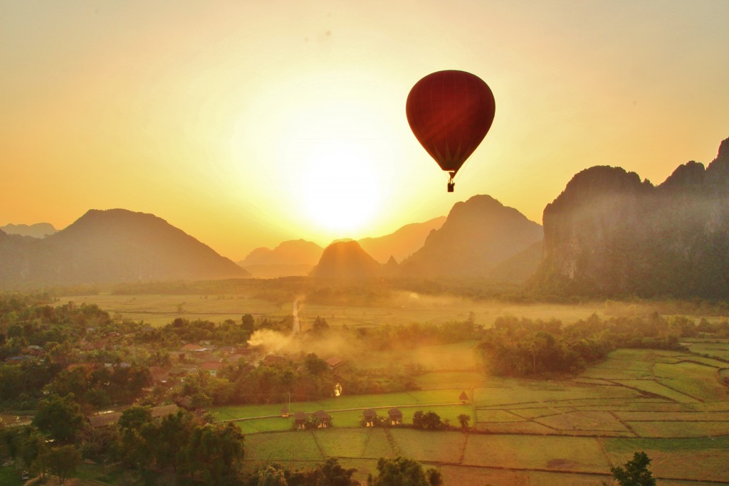 Sunrise balloon over Vang Vieng village